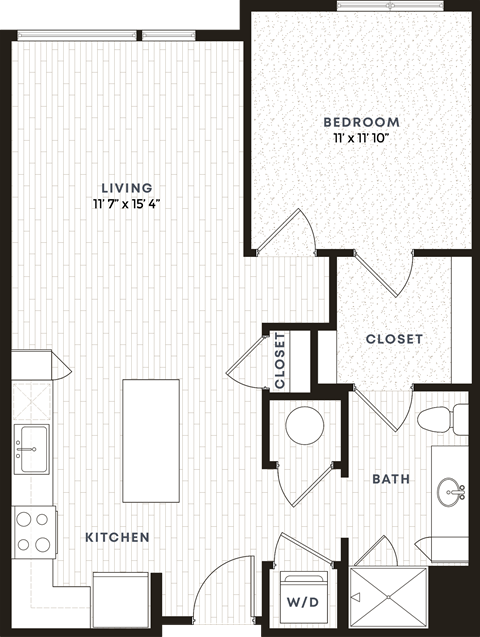 Floor plan for 1 bed, 1 bath, 741 sqft
